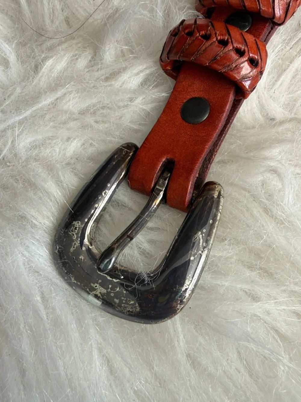 Burnt orange brown fishtail herringbone leather belt Mexican brass buckle 56